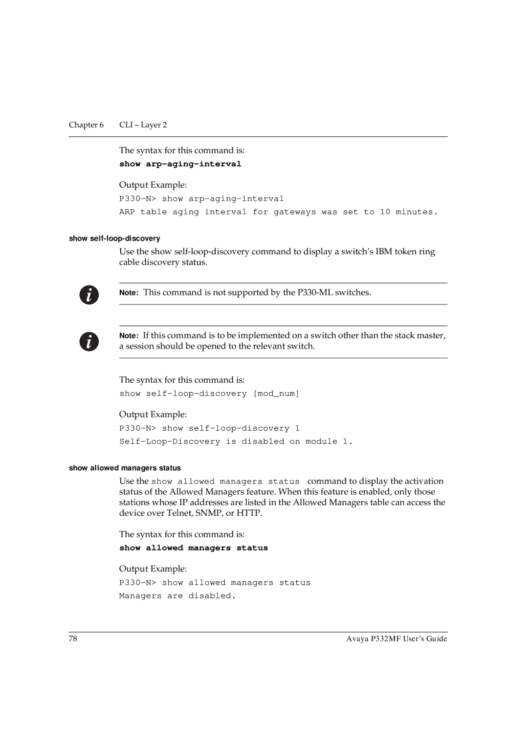 Avaya P332MF manual Show arp-aging-interval, Show self-loop-discovery, Show allowed managers status 