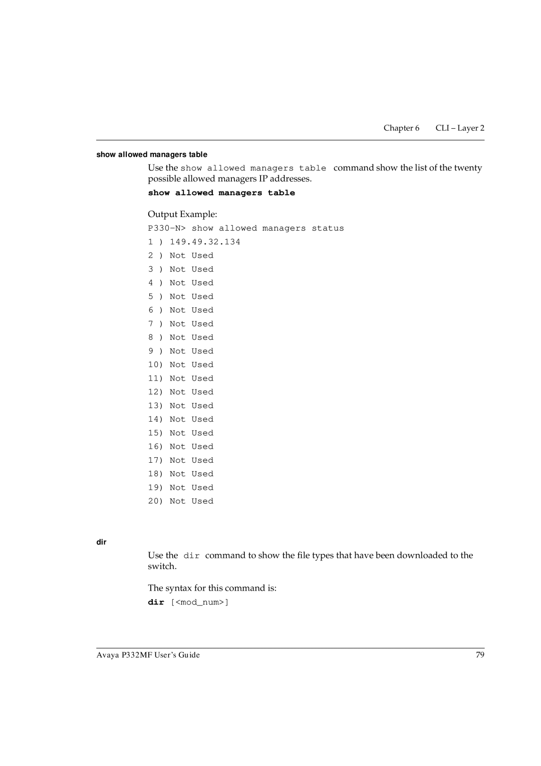 Avaya P332MF manual Show allowed managers table, Dir 
