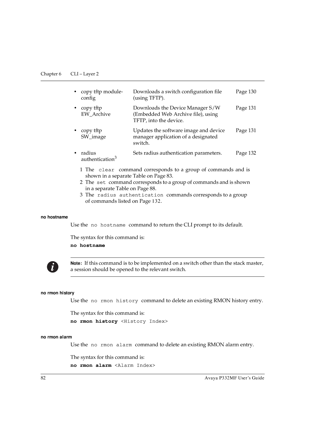 Avaya P332MF manual No hostname, No rmon history History Index, No rmon alarm Alarm Index 