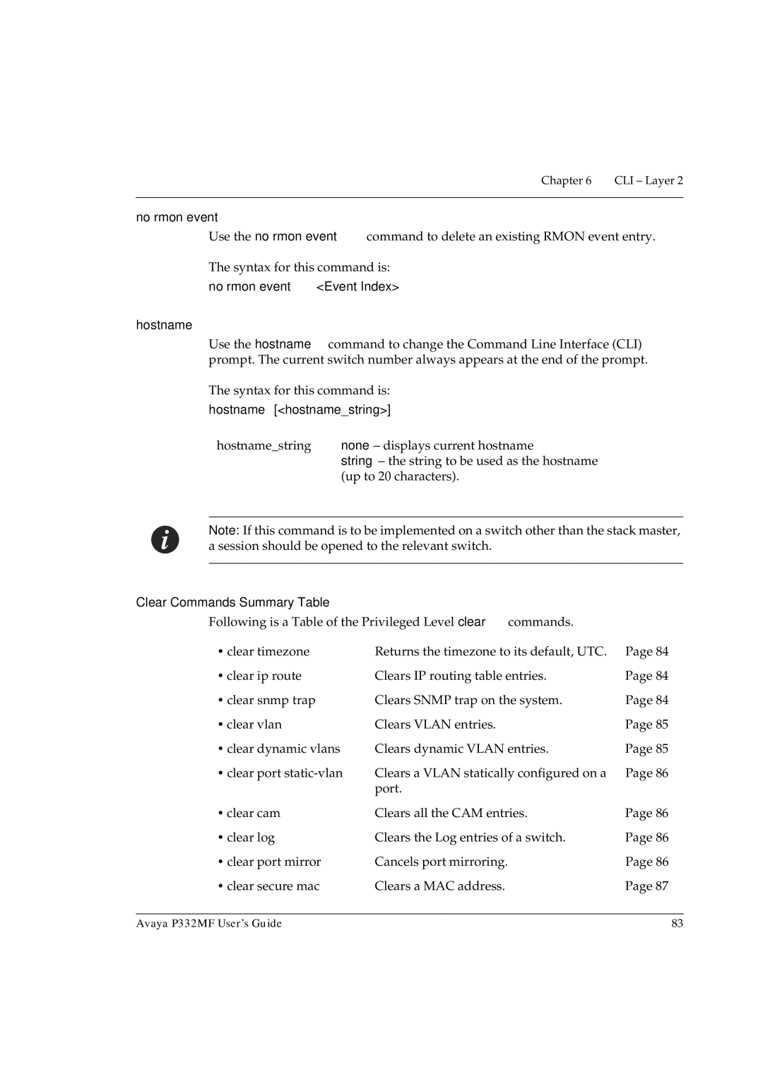 Avaya P332MF manual No rmon event Event Index, Hostname, Clear Commands Summary Table 