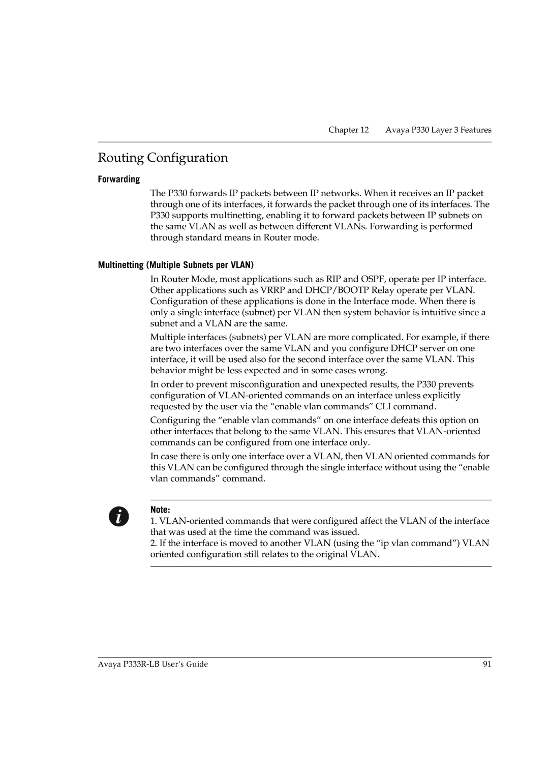 Avaya P333R-LB manual Routing Configuration, Forwarding, Multinetting Multiple Subnets per Vlan 