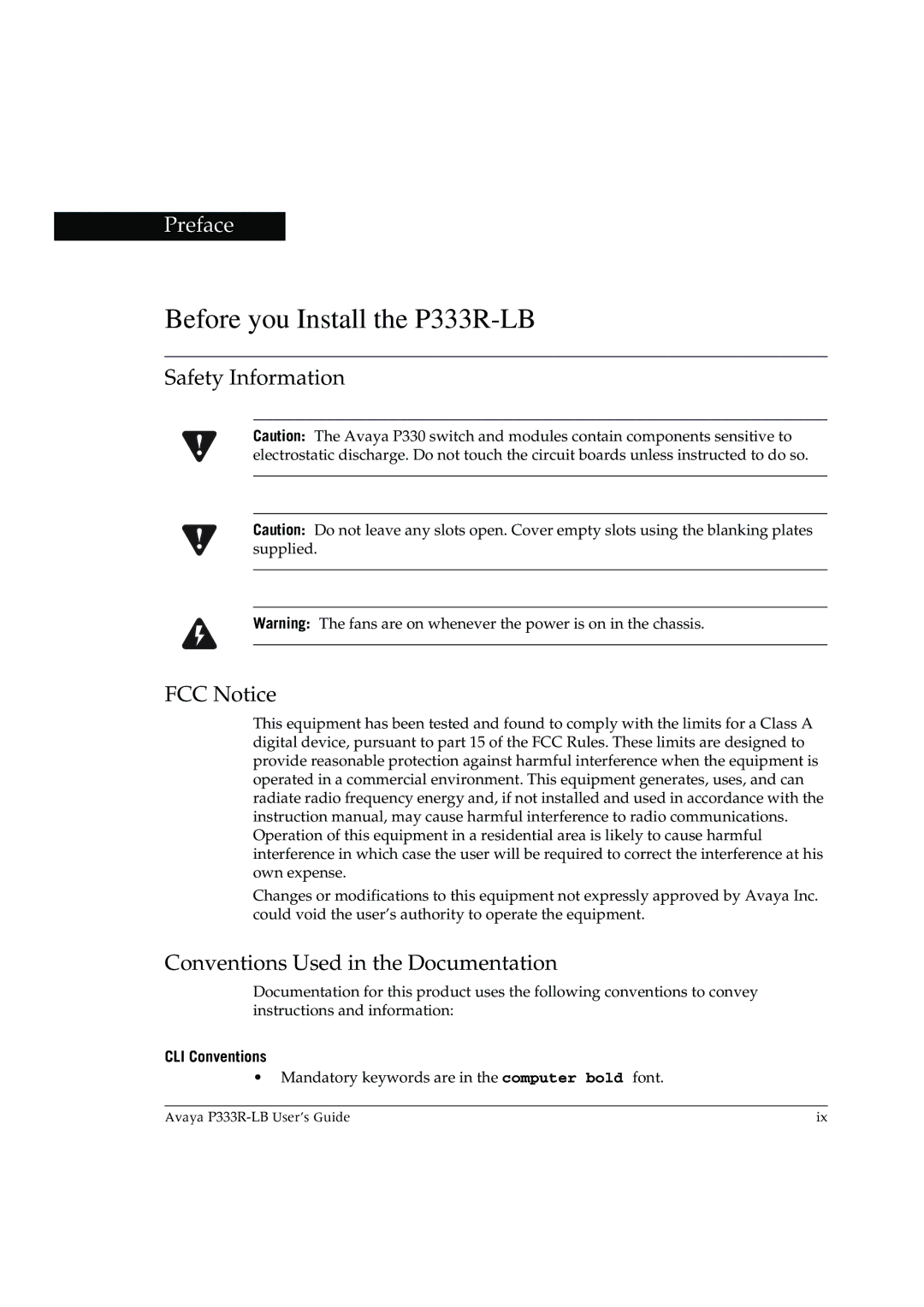 Avaya manual Before you Install the P333R-LB, Safety Information FCC Notice, Conventions Used in the Documentation 