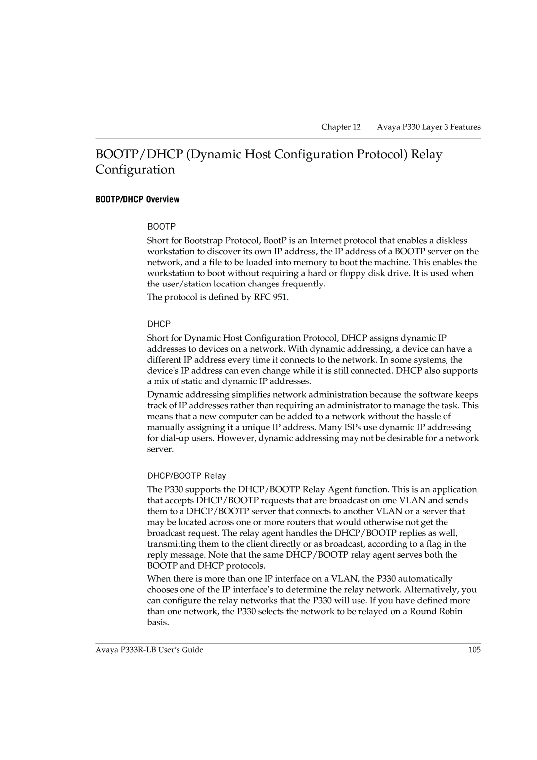 Avaya P333R-LB manual BOOTP/DHCP Overview, DHCP/BOOTP Relay 