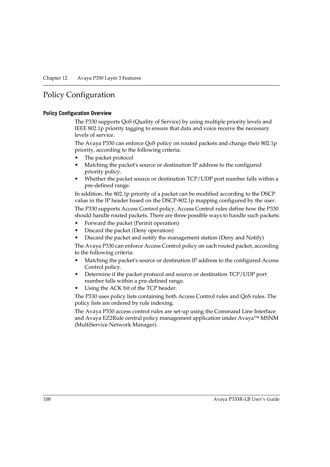 Avaya P333R-LB manual Policy Configuration Overview 