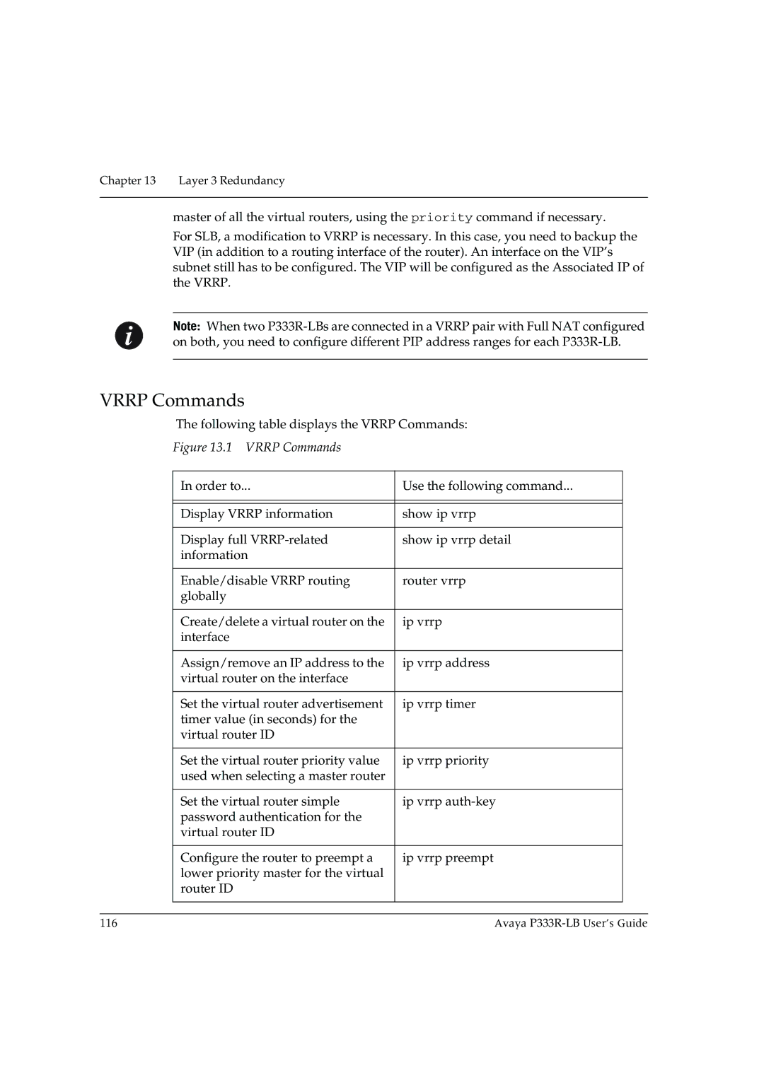 Avaya P333R-LB manual Vrrp Commands 