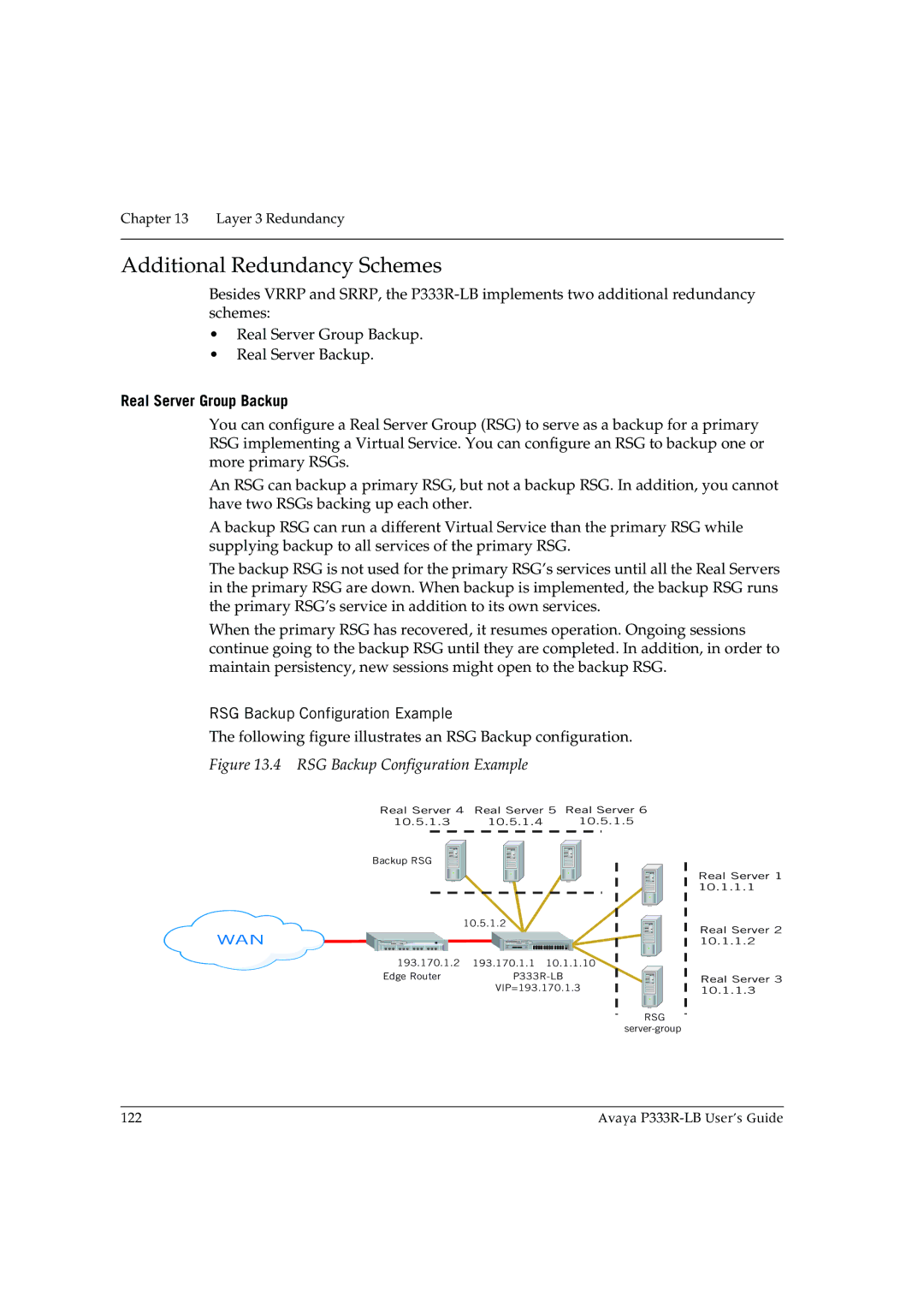 Avaya P333R-LB manual Additional Redundancy Schemes, Real Server Group Backup, RSG Backup Configuration Example 
