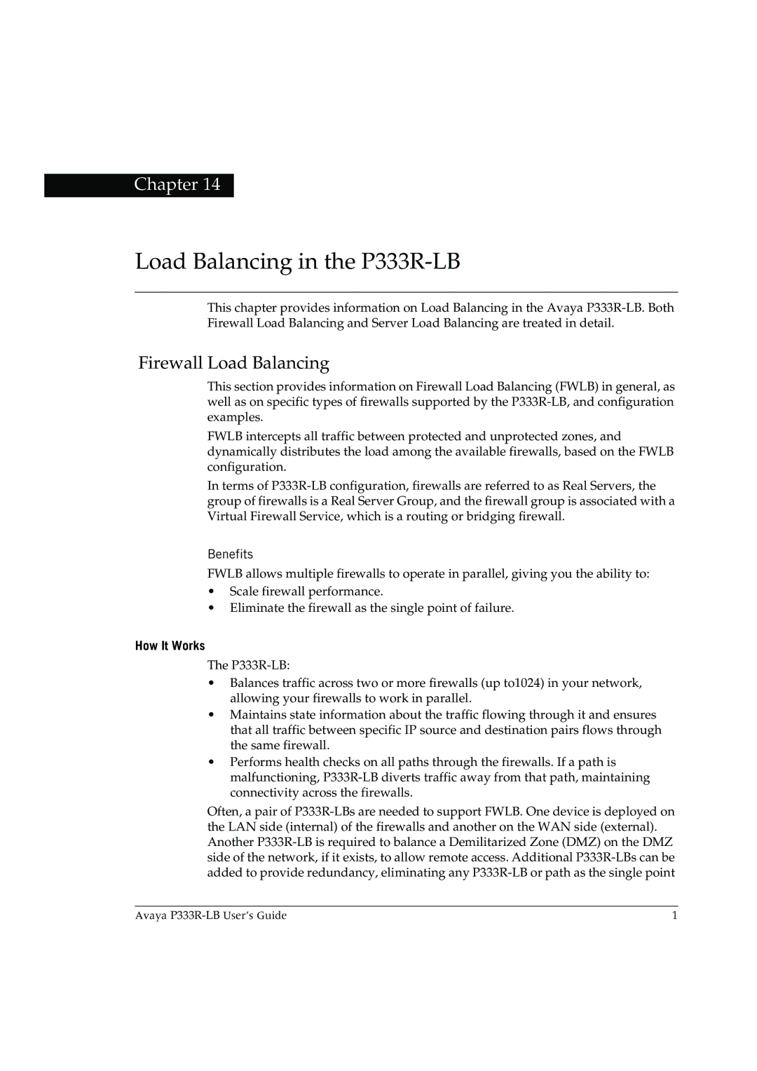 Avaya manual Load Balancing in the P333R-LB, Firewall Load Balancing, Benefits, How It Works 