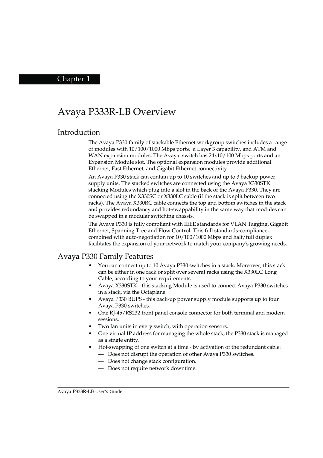 Avaya manual Avaya P333R-LB Overview, Introduction, Avaya P330 Family Features 