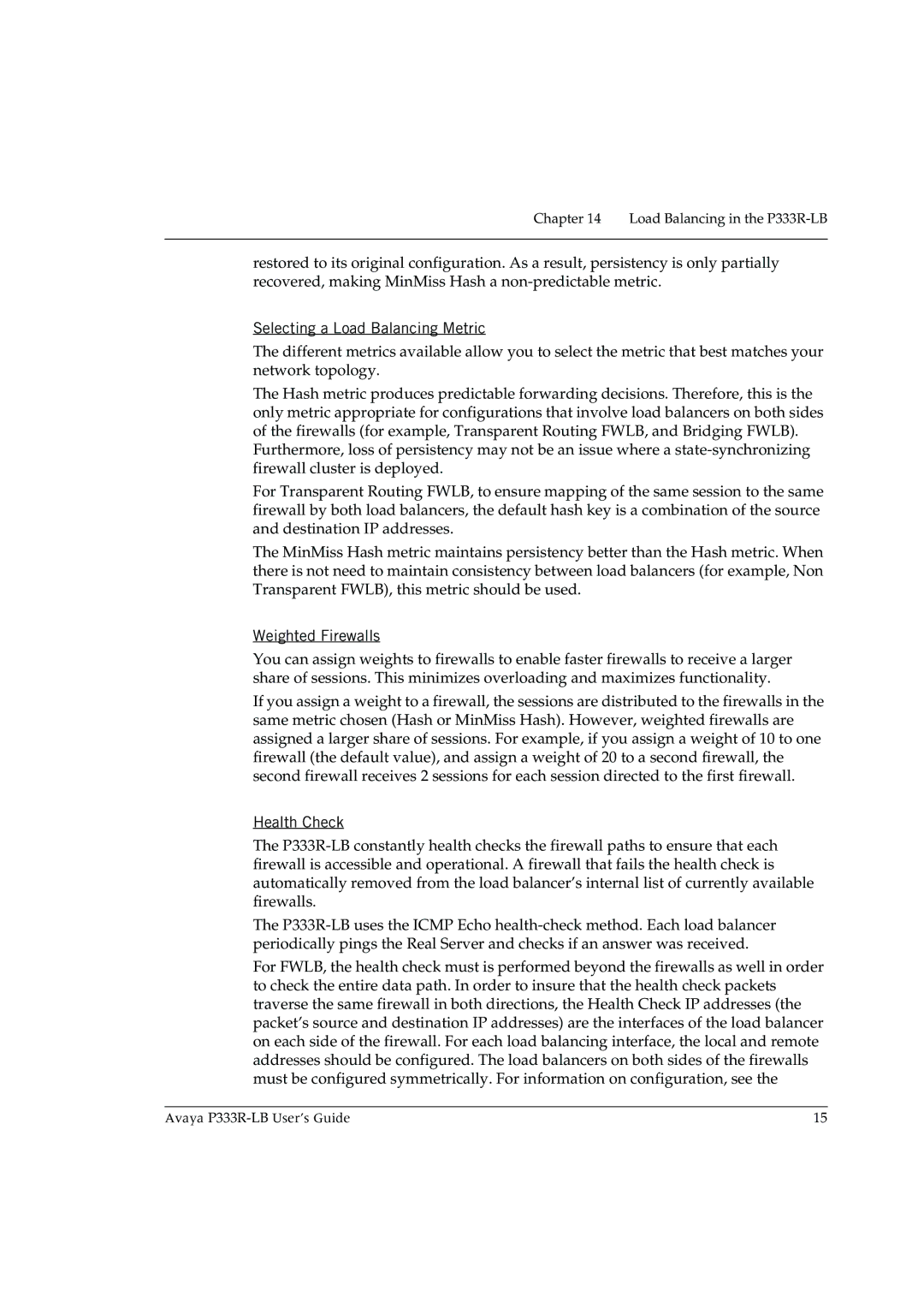 Avaya P333R-LB manual Selecting a Load Balancing Metric, Weighted Firewalls, Health Check 