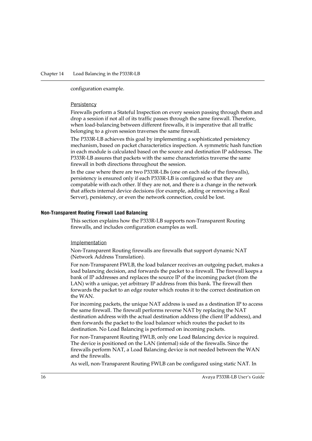 Avaya P333R-LB manual Persistency, Non-Transparent Routing Firewall Load Balancing, Implementation 