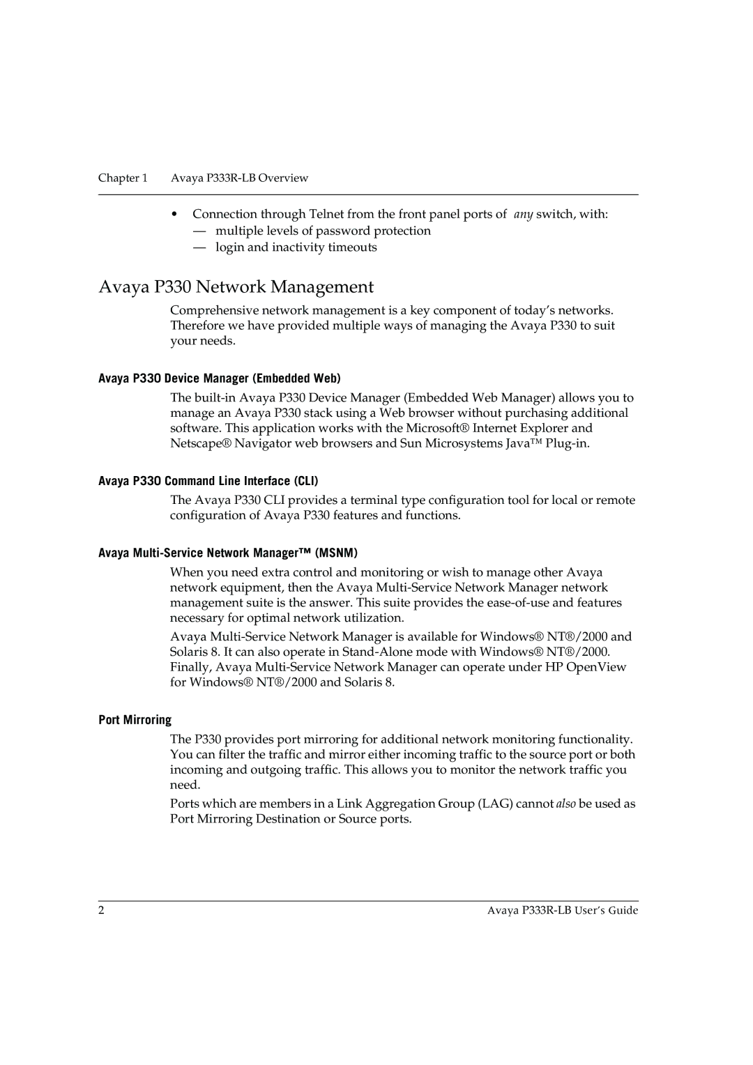 Avaya P333R-LB manual Avaya P330 Network Management, Avaya P330 Device Manager Embedded Web, Port Mirroring 