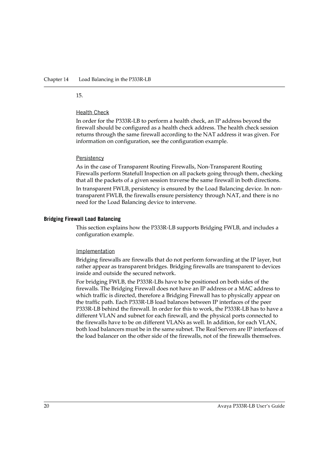 Avaya P333R-LB manual Health Check, Bridging Firewall Load Balancing 