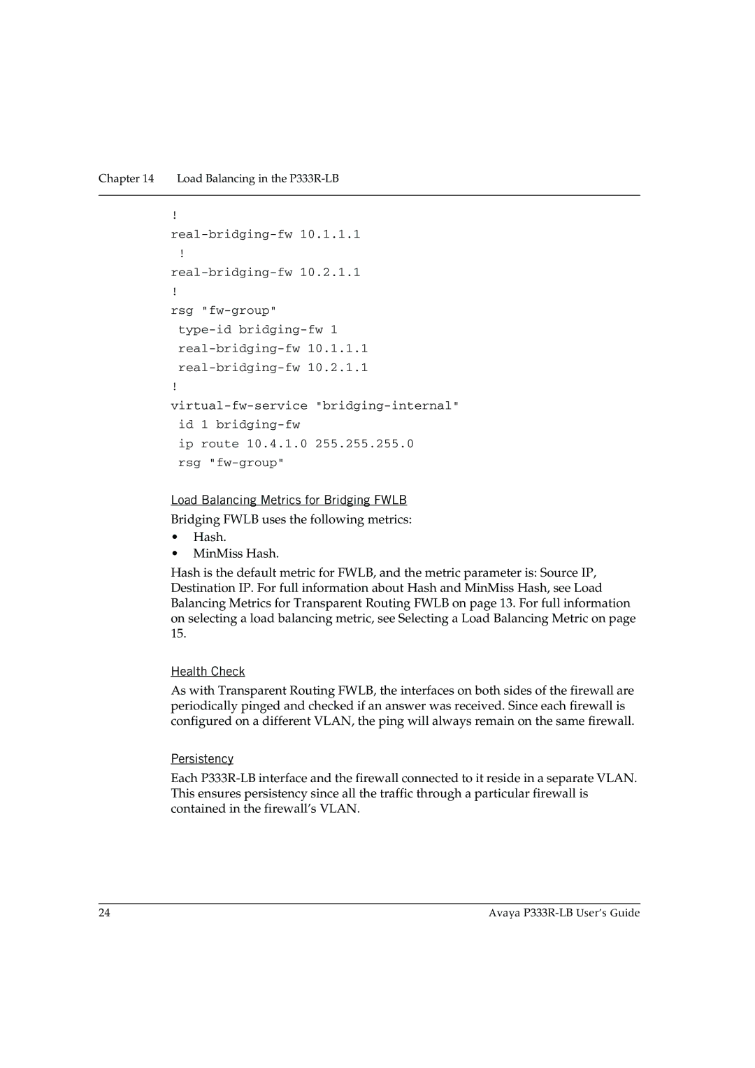 Avaya P333R-LB manual Load Balancing Metrics for Bridging Fwlb, Health Check 