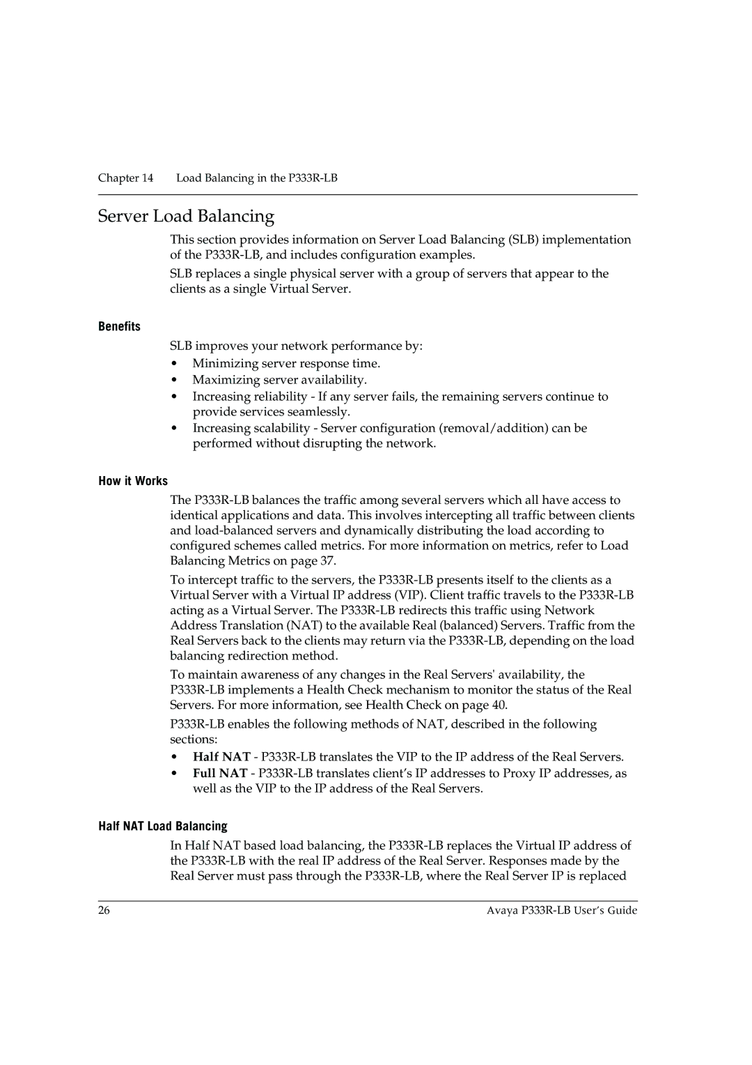 Avaya P333R-LB manual Server Load Balancing, Benefits, Half NAT Load Balancing 