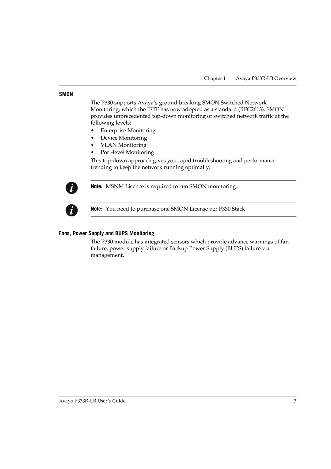 Avaya P333R-LB manual Smon, Fans, Power Supply and Bups Monitoring 