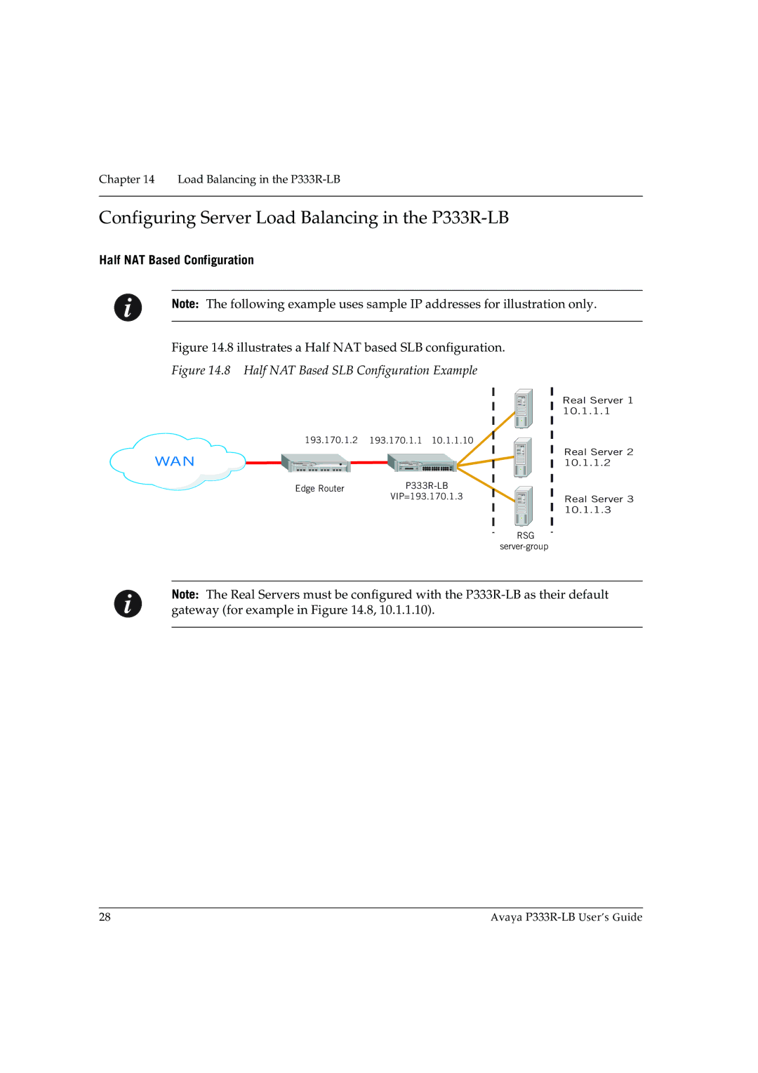 Avaya manual Configuring Server Load Balancing in the P333R-LB, Half NAT Based Configuration 