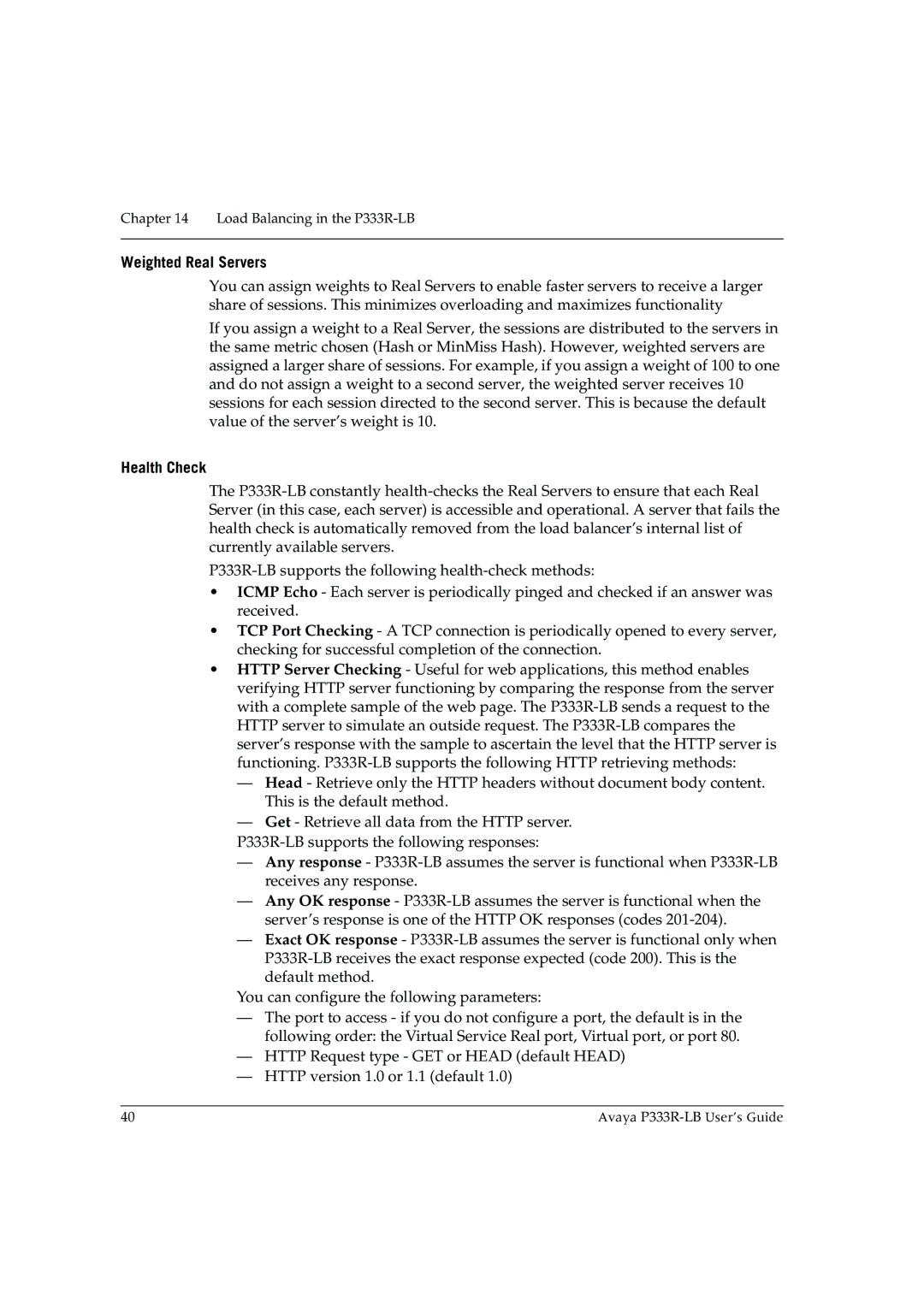 Avaya P333R-LB manual Weighted Real Servers, Health Check 