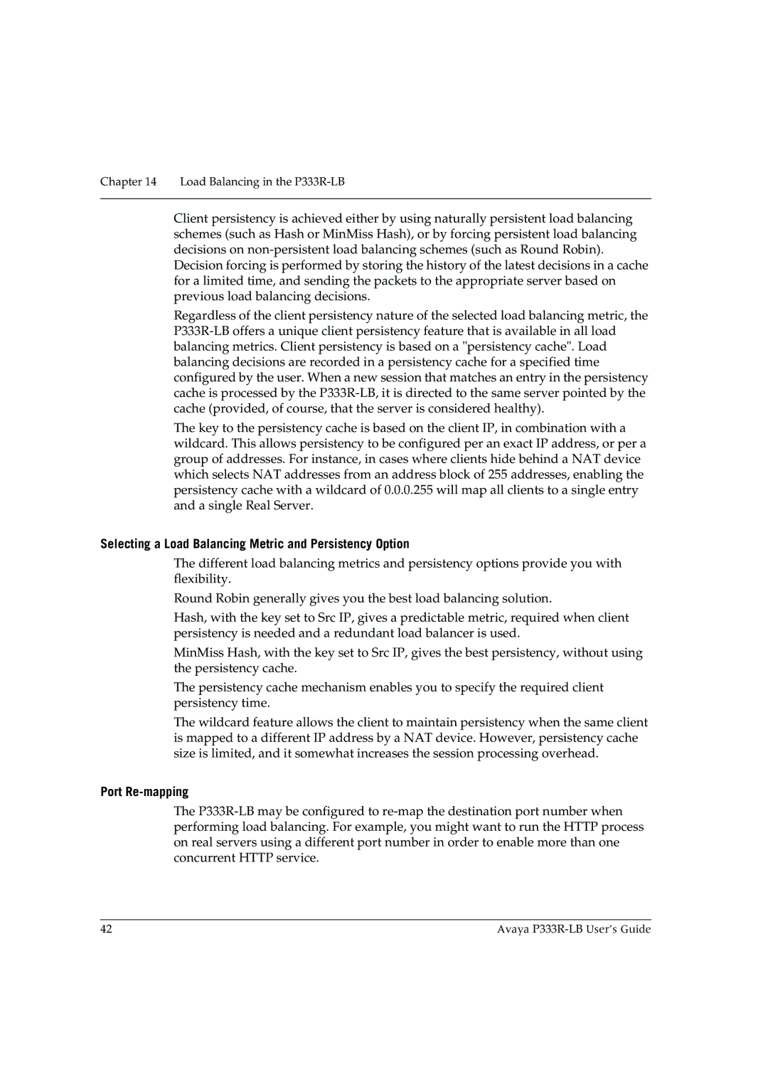 Avaya P333R-LB manual Selecting a Load Balancing Metric and Persistency Option, Port Re-mapping 