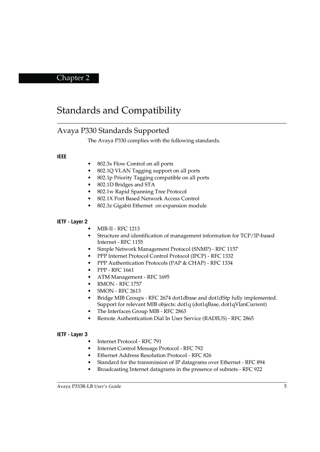 Avaya P333R-LB manual Standards and Compatibility, Avaya P330 Standards Supported, Ietf Layer 