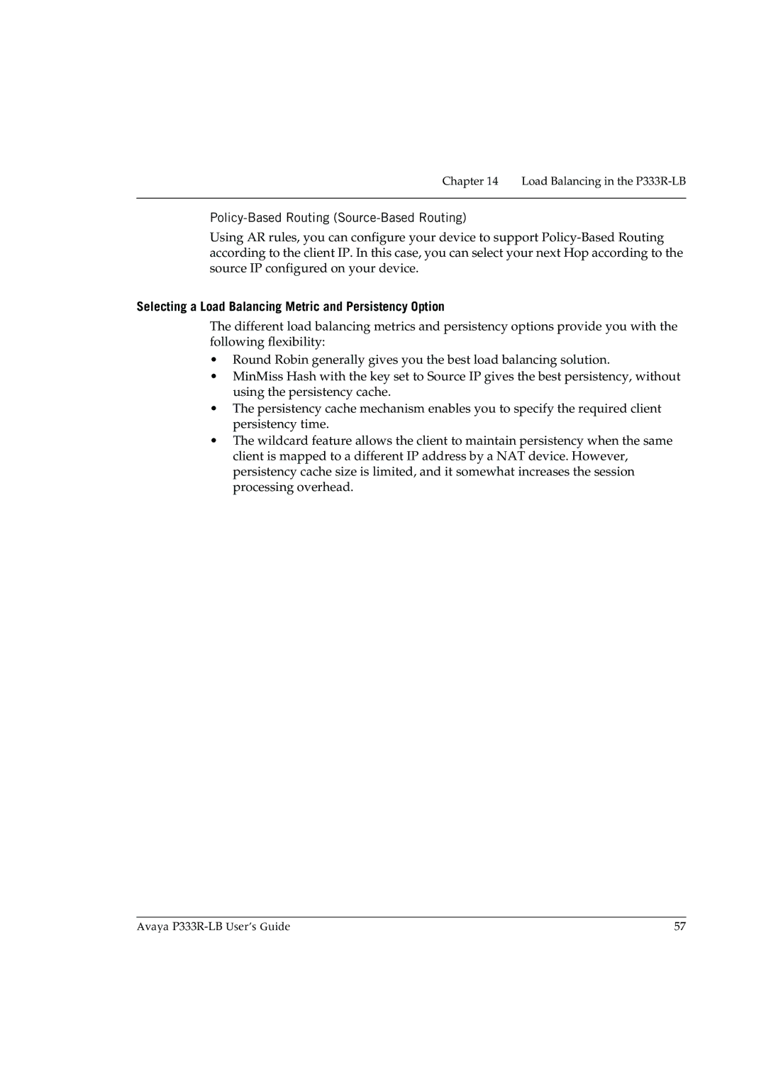 Avaya P333R-LB manual Policy-Based Routing Source-Based Routing, Selecting a Load Balancing Metric and Persistency Option 