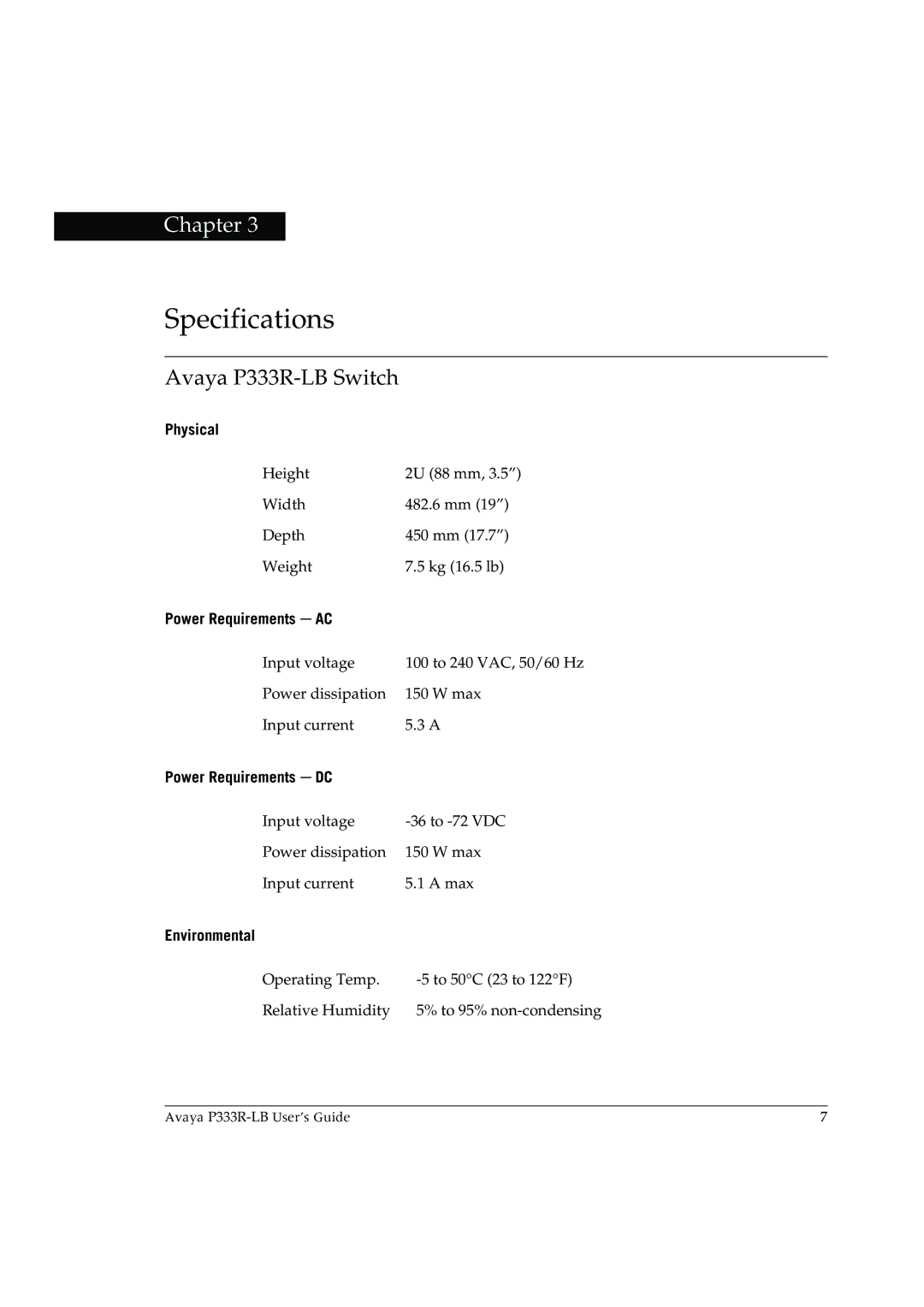 Avaya manual Specifications, Avaya P333R-LB Switch 