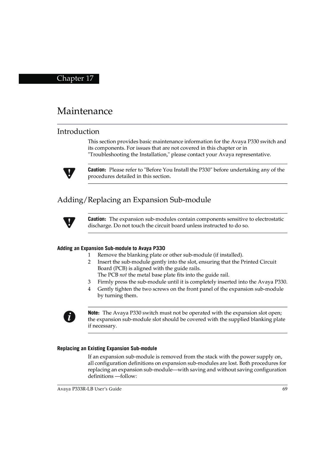 Avaya P333R-LB manual Maintenance, Adding/Replacing an Expansion Sub-module, Adding an Expansion Sub-module to Avaya P330 