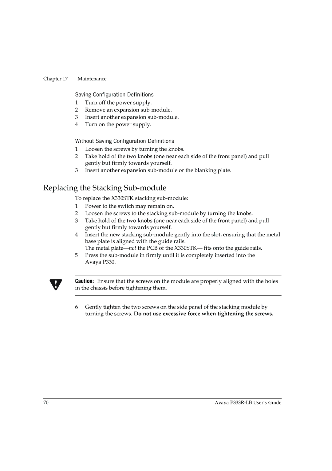 Avaya P333R-LB manual Replacing the Stacking Sub-module, Saving Configuration Definitions 