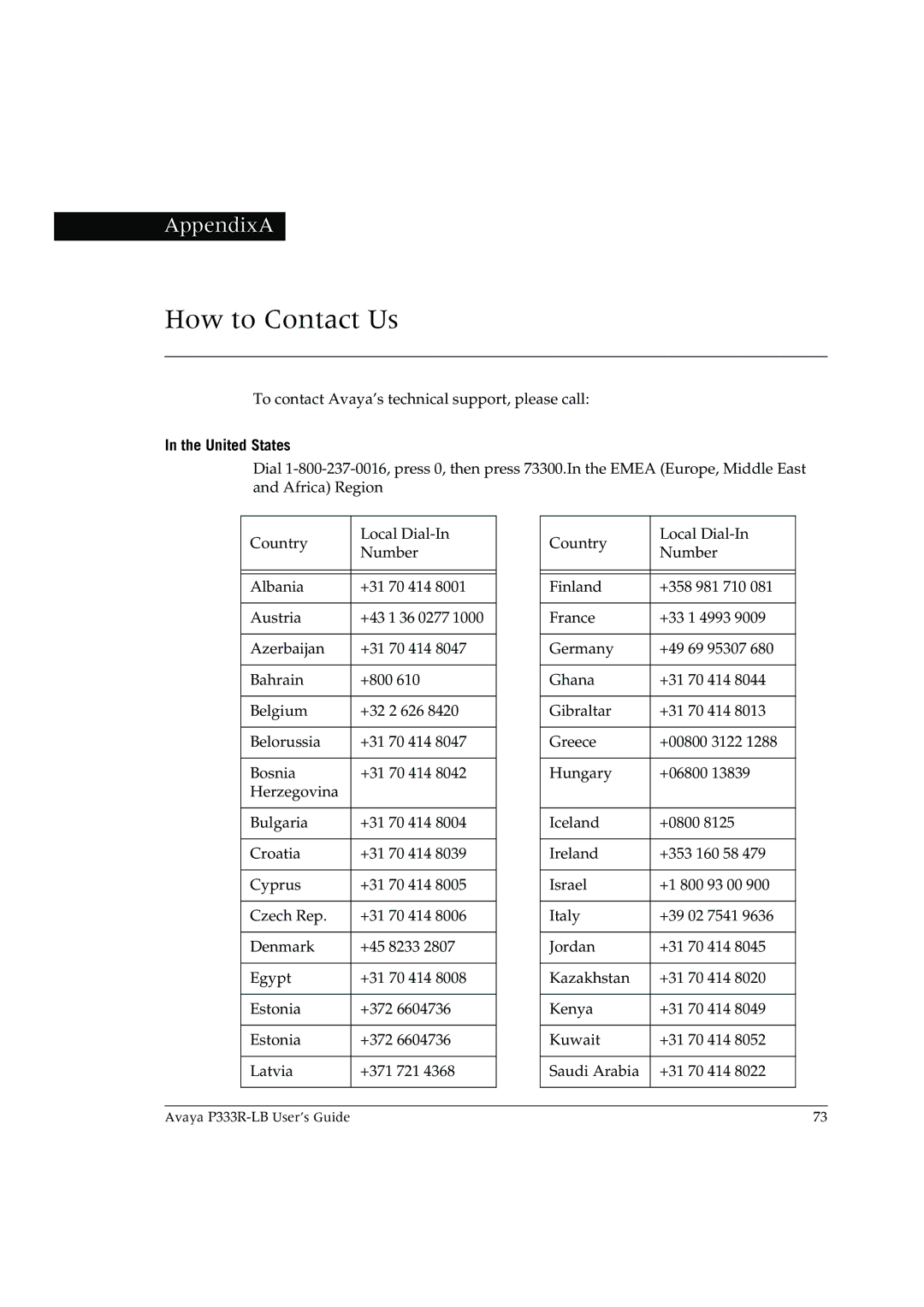 Avaya P333R-LB manual How to Contact Us, United States 