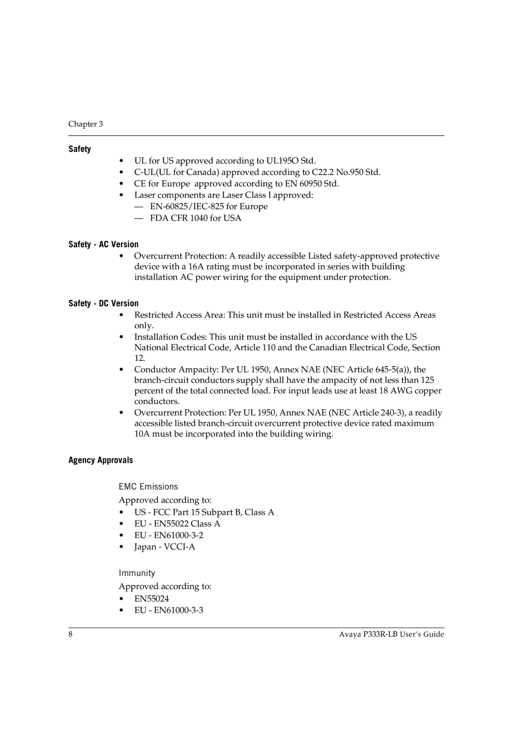 Avaya P333R-LB manual Safety AC Version, Safety DC Version, Agency Approvals 