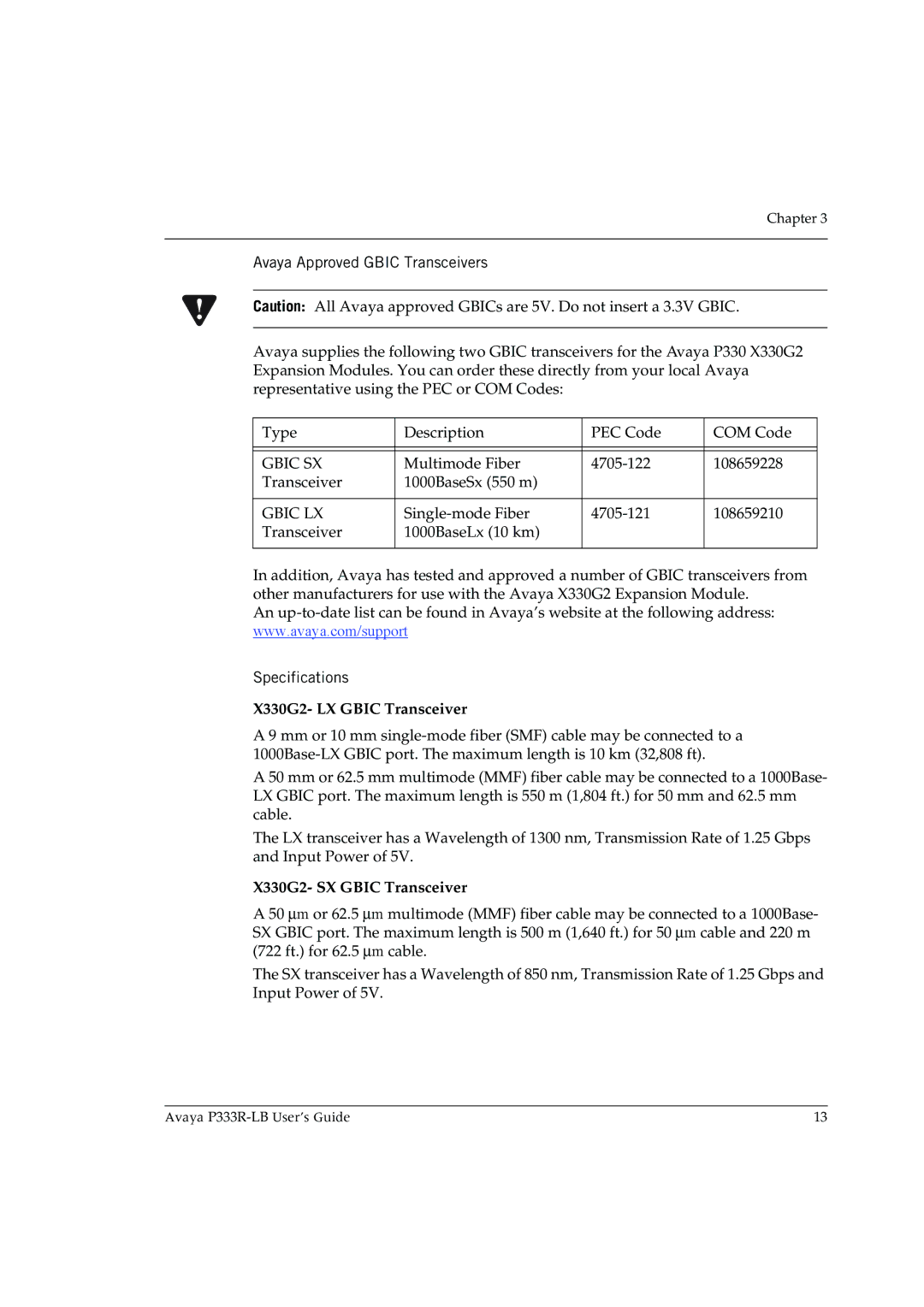 Avaya P333R-LB manual Avaya Approved Gbic Transceivers, Specifications 