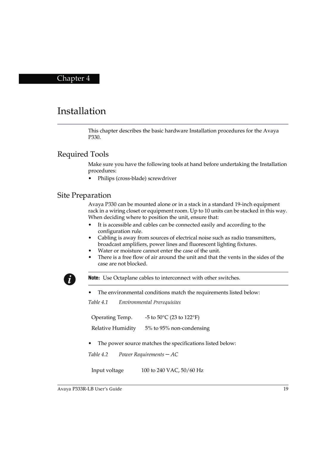 Avaya P333R-LB manual Installation, Required Tools, Site Preparation 