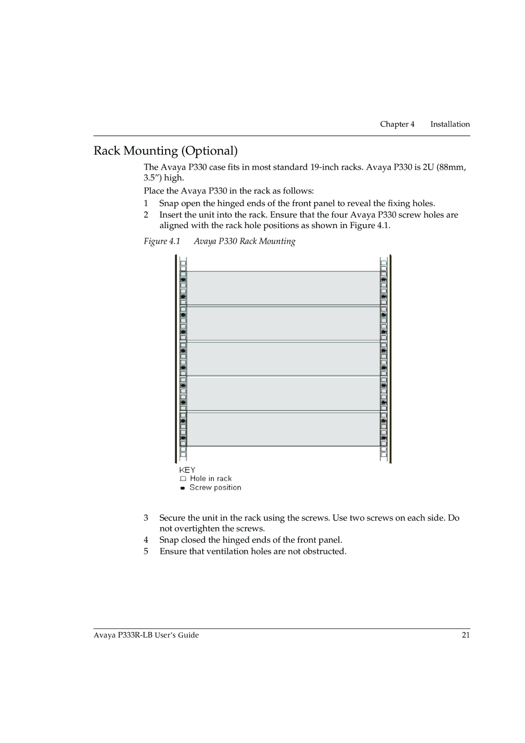 Avaya P333R-LB manual Rack Mounting Optional, Avaya P330 Rack Mounting 