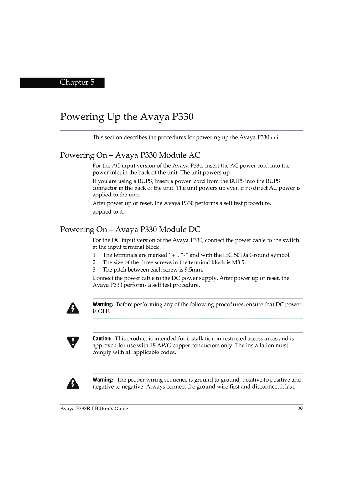 Avaya P333R-LB manual Powering Up the Avaya P330, Powering On Avaya P330 Module AC, Powering On Avaya P330 Module DC 