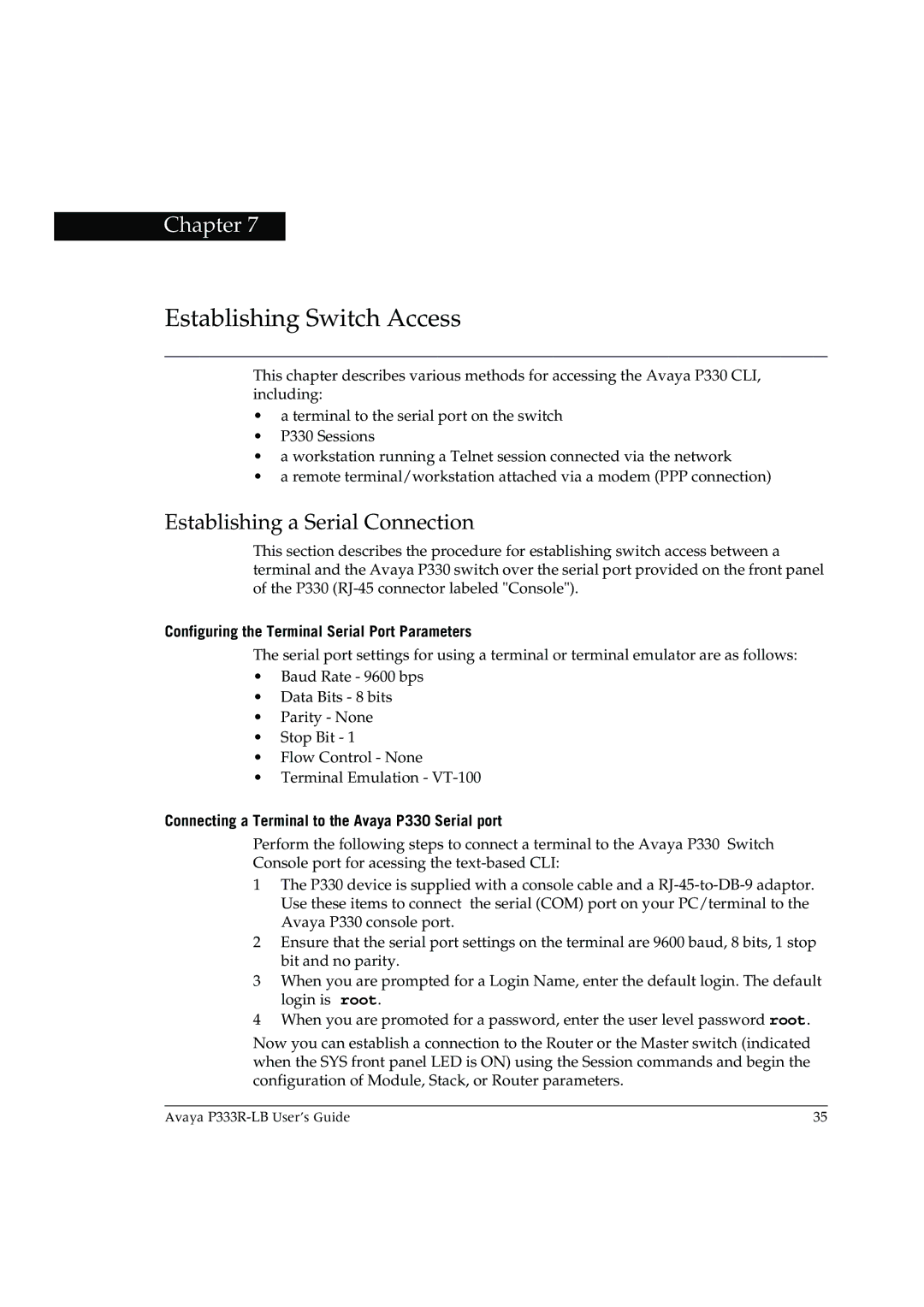 Avaya P333R-LB manual Establishing a Serial Connection, Configuring the Terminal Serial Port Parameters 