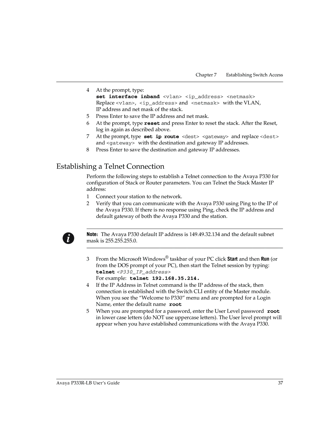 Avaya P333R-LB manual Establishing a Telnet Connection, For example telnet 