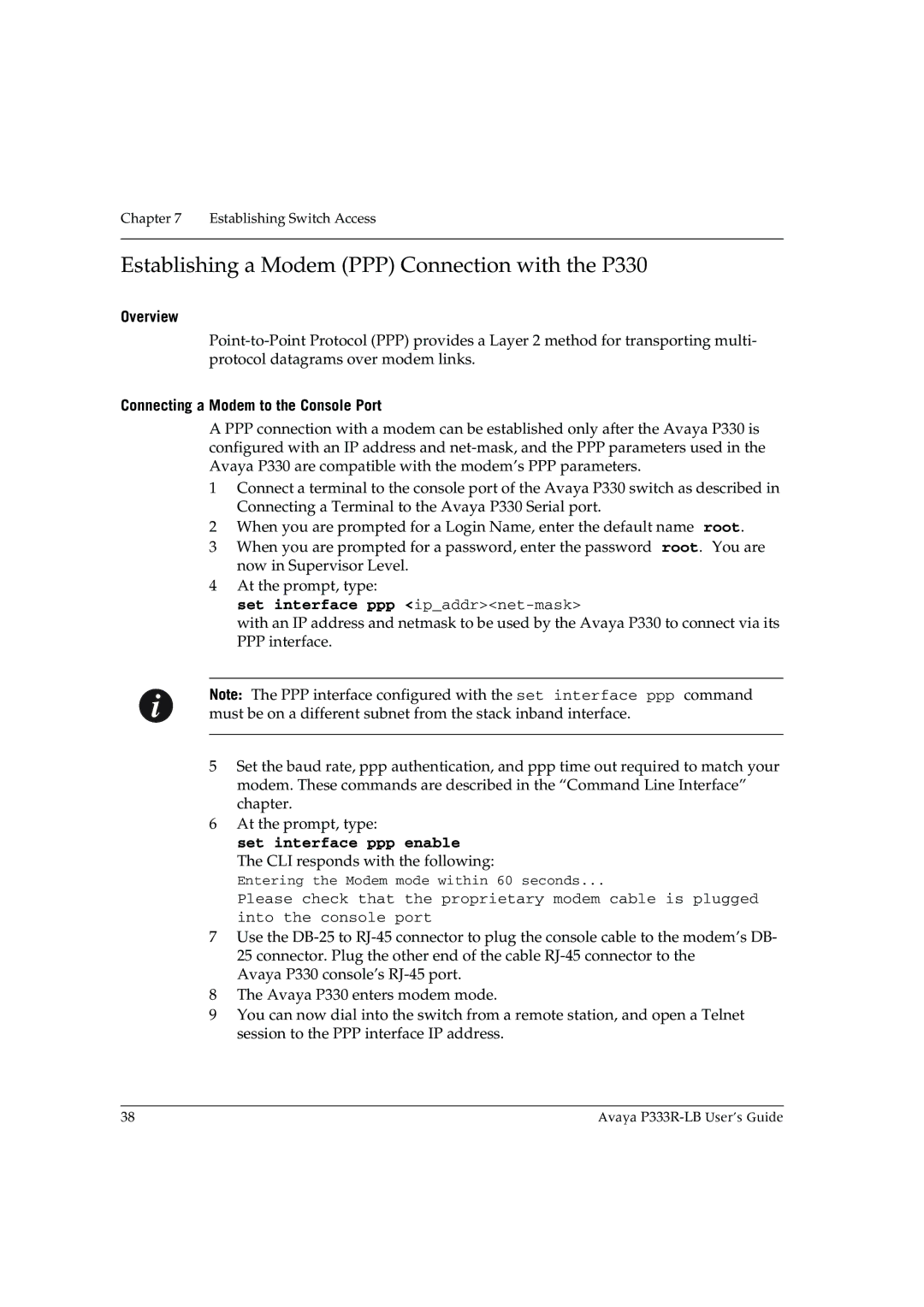 Avaya P333R-LB manual Establishing a Modem PPP Connection with the P330, Overview, Connecting a Modem to the Console Port 