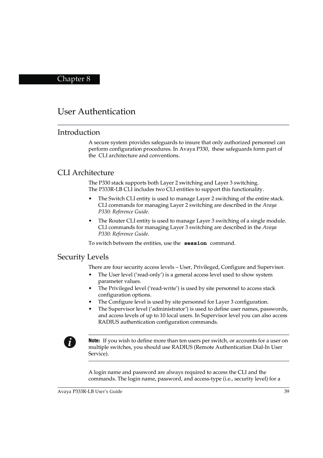 Avaya P333R-LB manual CLI Architecture, Security Levels 