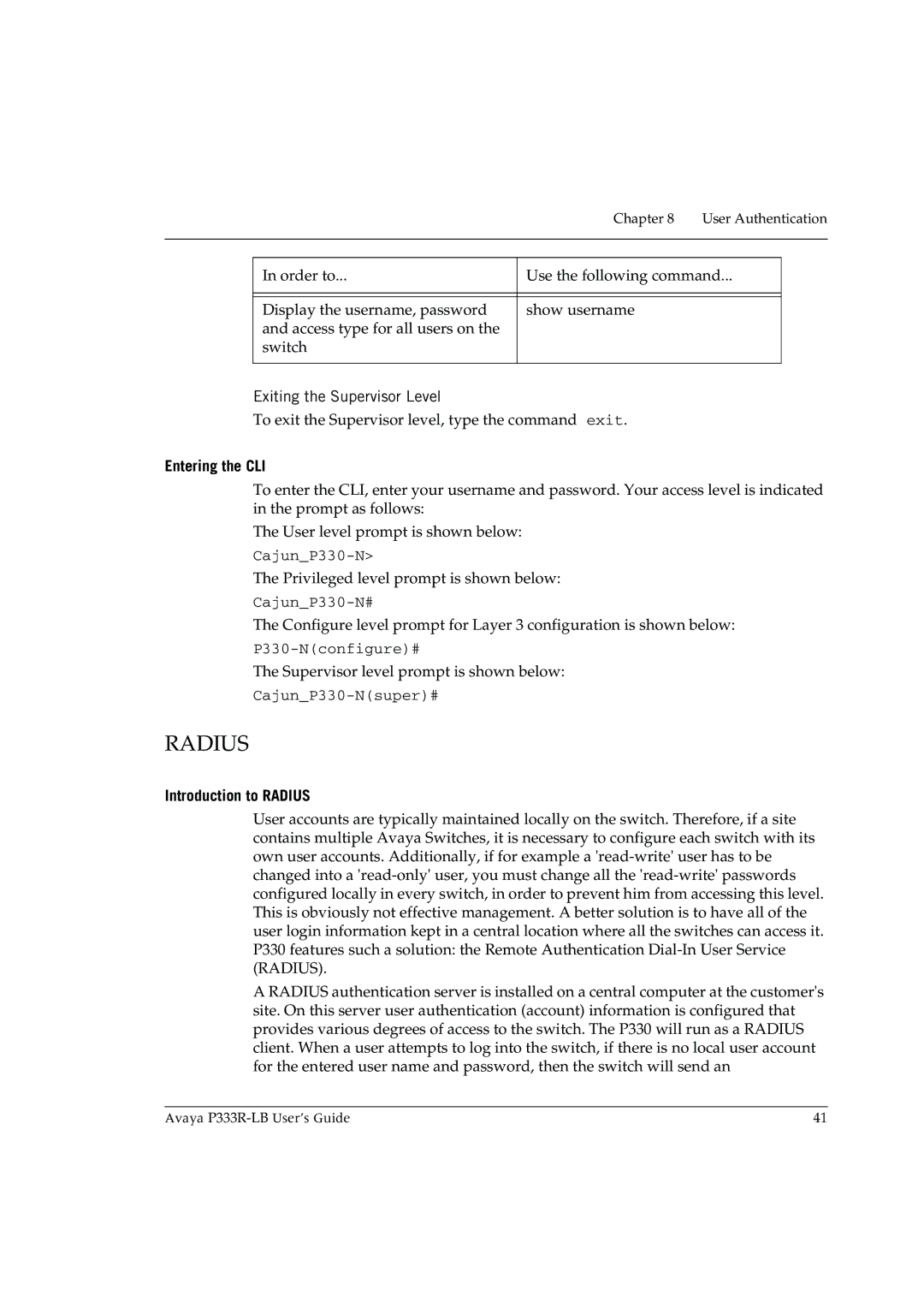 Avaya P333R-LB manual Exiting the Supervisor Level, Entering the CLI, Introduction to Radius 