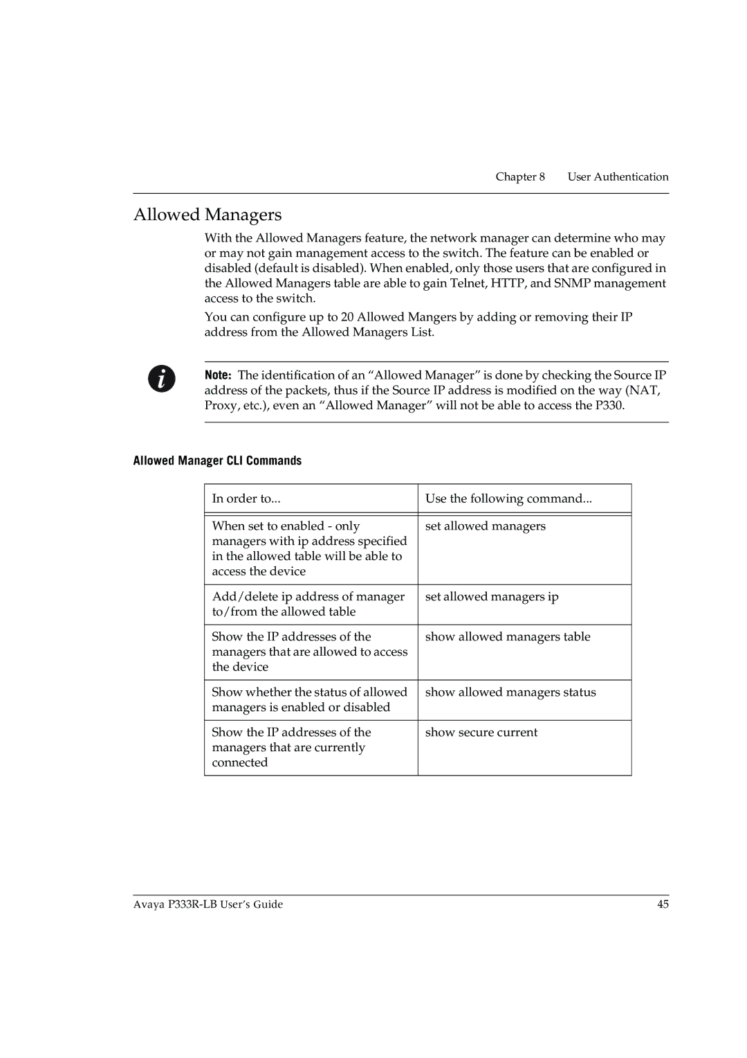 Avaya P333R-LB manual Allowed Managers, Allowed Manager CLI Commands 