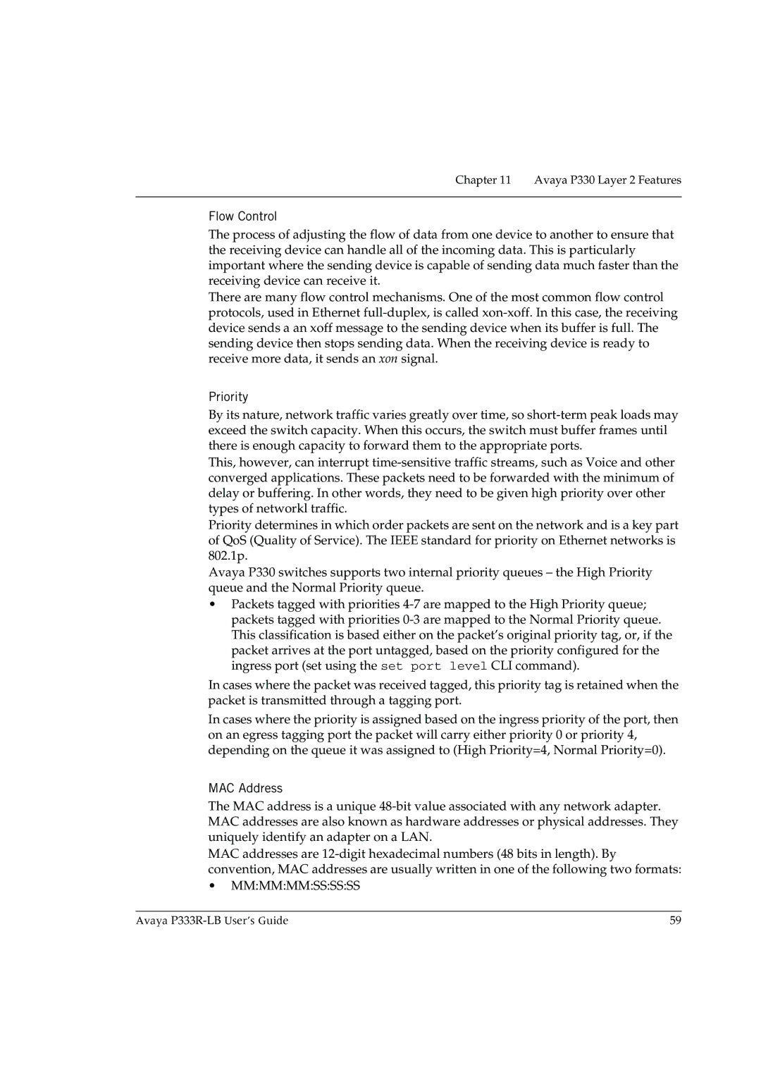 Avaya P333R-LB manual Flow Control, Priority, MAC Address 