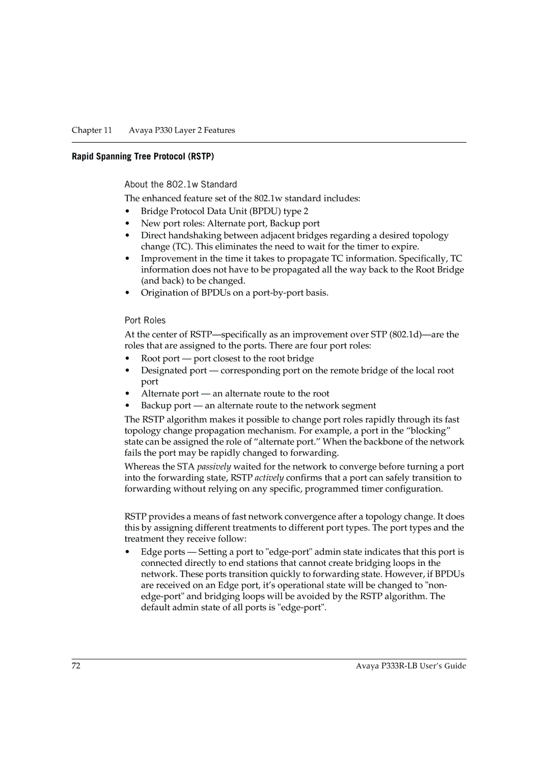 Avaya P333R-LB manual Rapid Spanning Tree Protocol Rstp, About the 802.1w Standard, Port Roles 