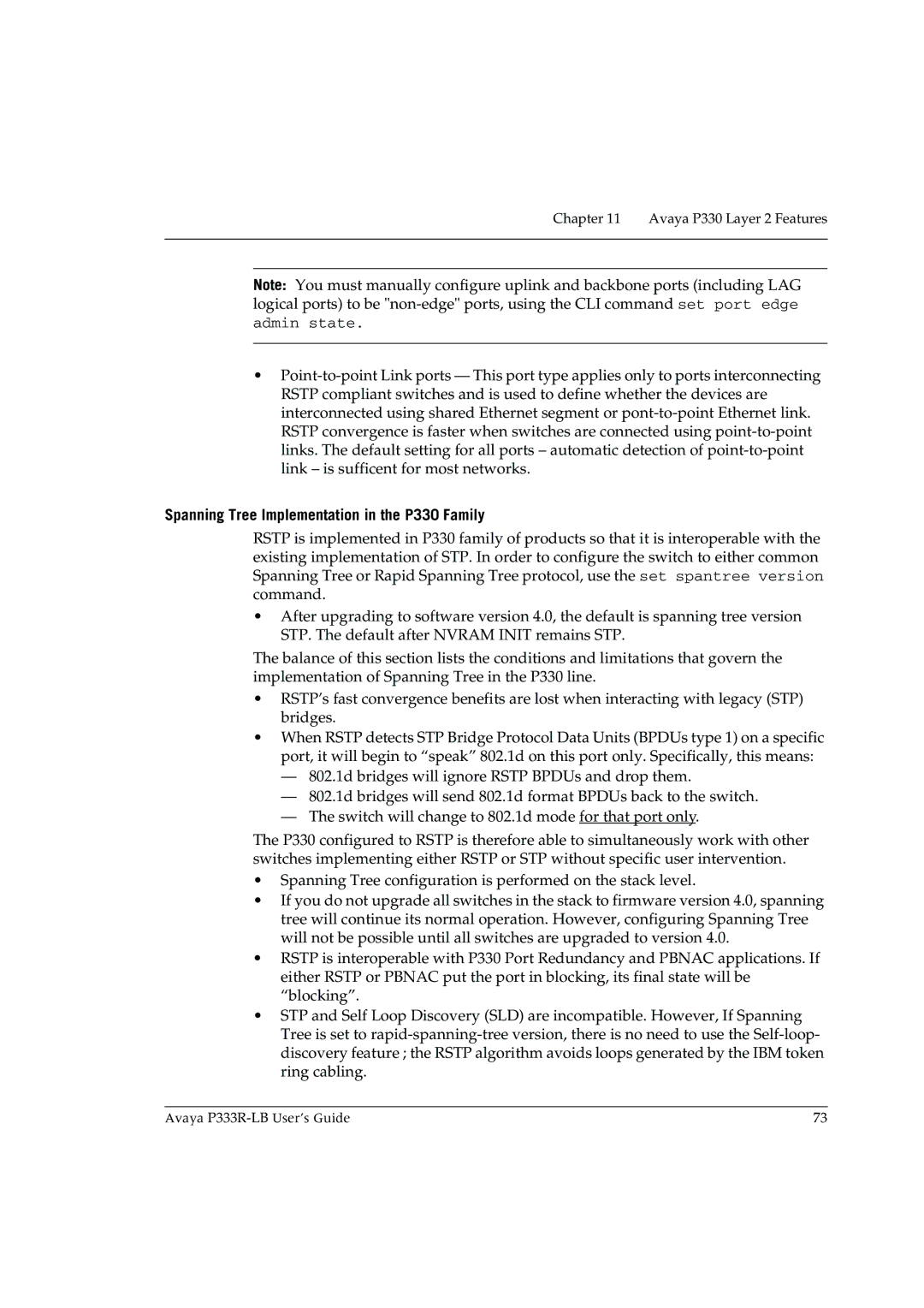 Avaya P333R-LB manual Spanning Tree Implementation in the P330 Family 