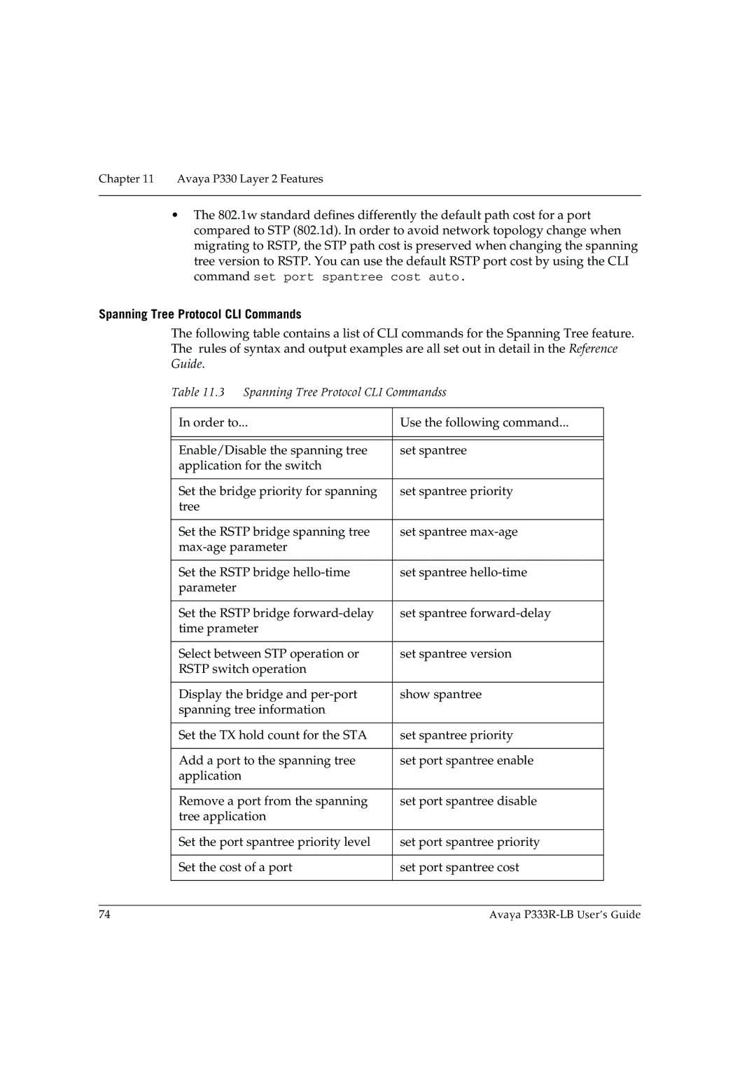 Avaya P333R-LB manual Spanning Tree Protocol CLI Commandss 