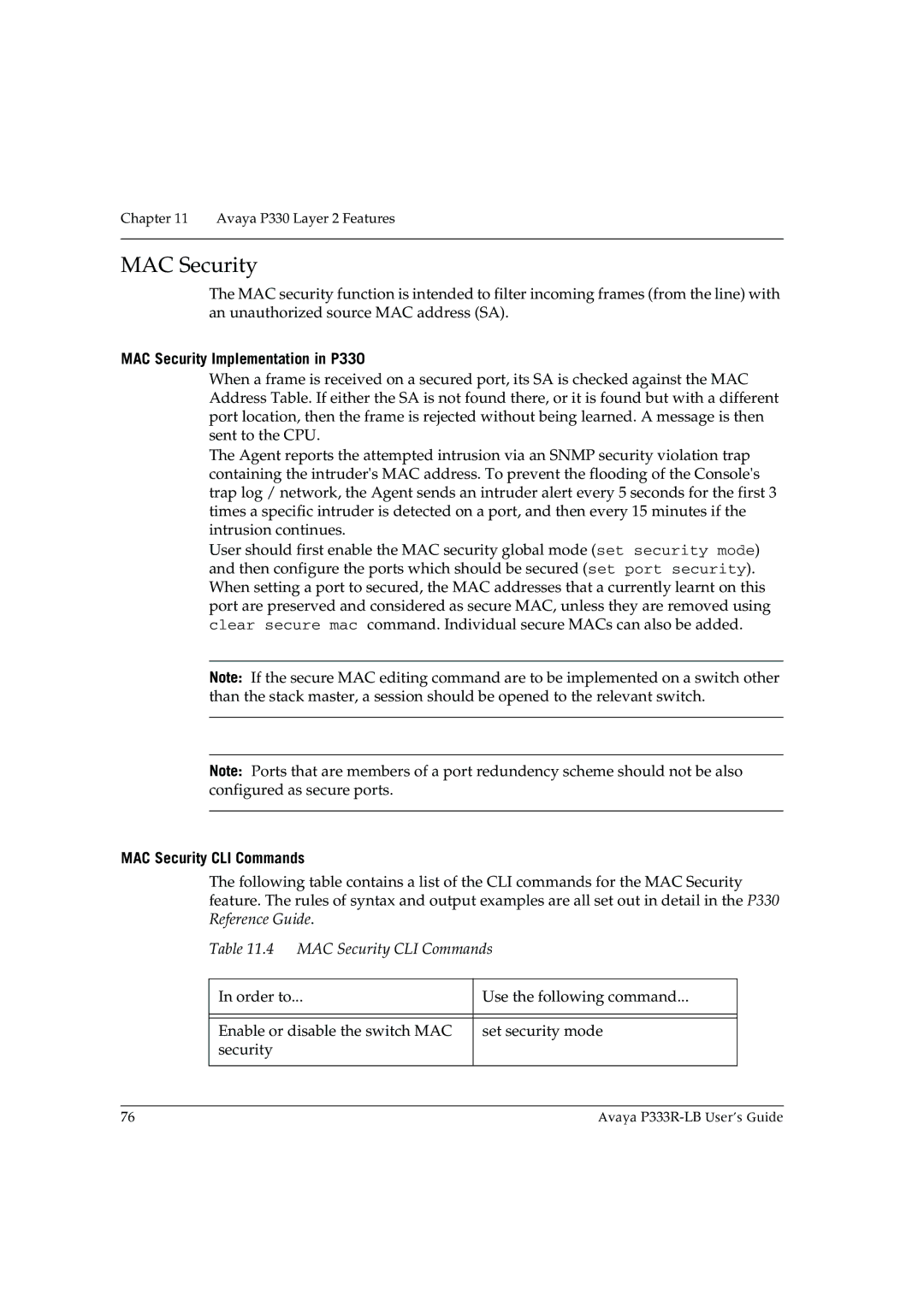 Avaya P333R-LB manual MAC Security Implementation in P330, MAC Security CLI Commands 