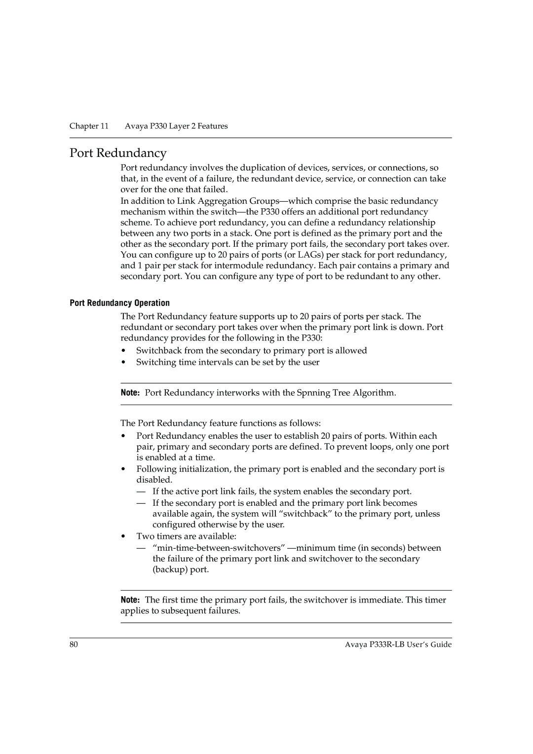 Avaya P333R-LB manual Port Redundancy Operation 