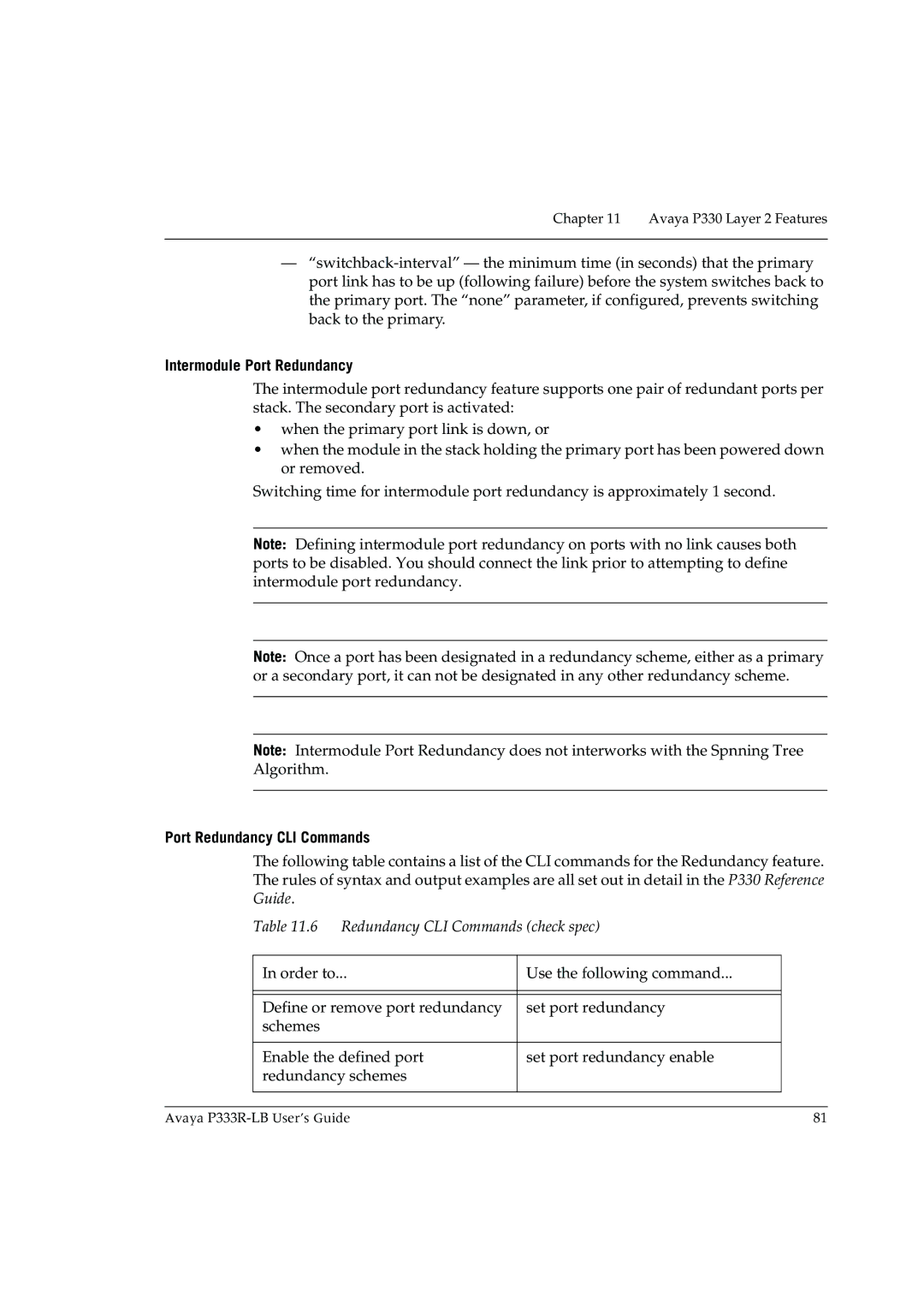 Avaya P333R-LB manual Intermodule Port Redundancy, Port Redundancy CLI Commands 