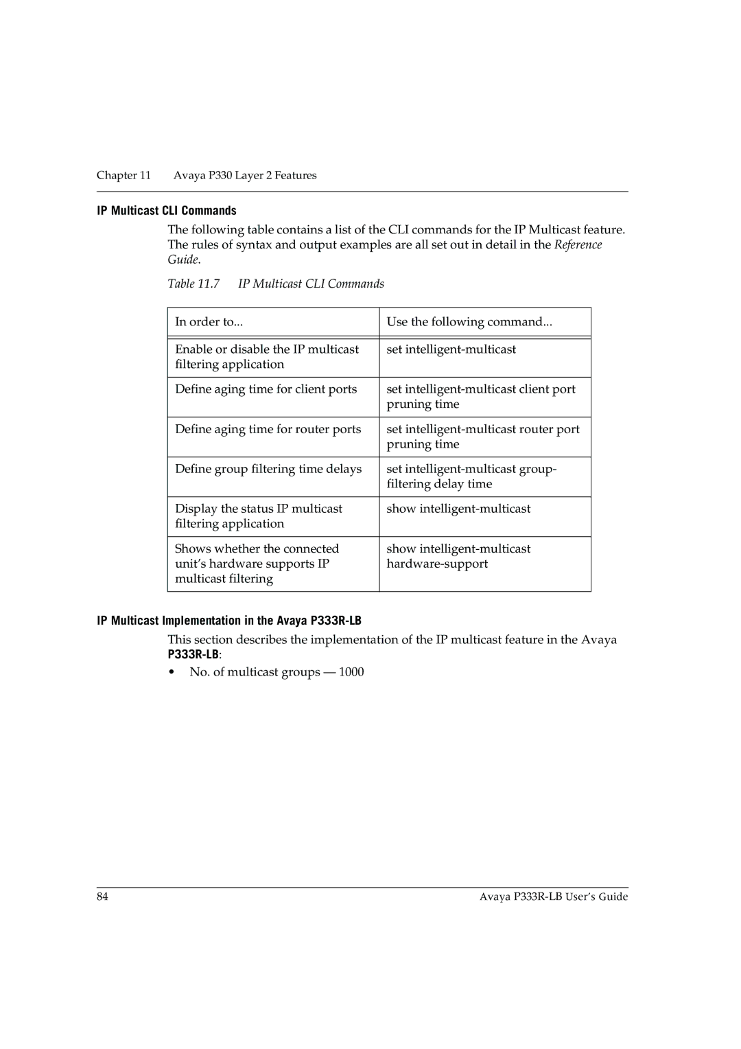 Avaya manual IP Multicast CLI Commands, IP Multicast Implementation in the Avaya P333R-LB 