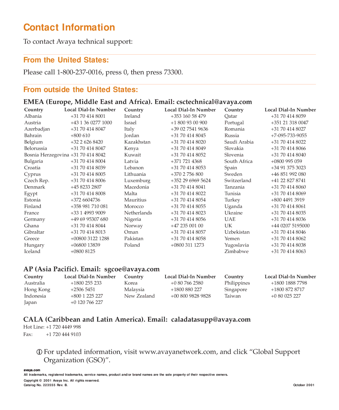 Avaya P333T quick start Contact Information, From the United States, From outside the United States 