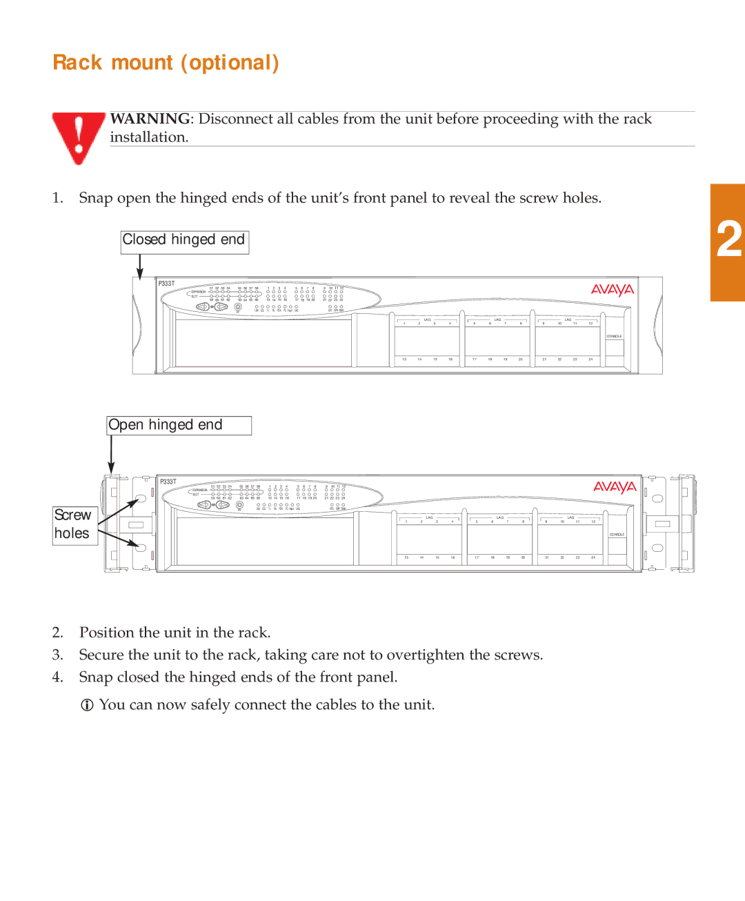 Avaya P333T quick start Rack mount optional, Open hinged end 