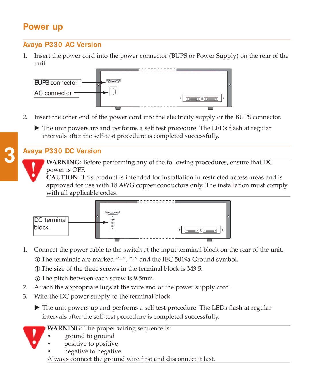 Avaya P333T quick start Power up, Avaya P330 AC Version, Avaya P330 DC Version 